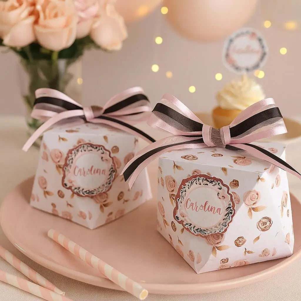 Personalized Floral Favor Boxes with Satin Bow: Custom Name Party Favors for Baby Shower, Bridal Shower, Girls Birthday Mi tienda
