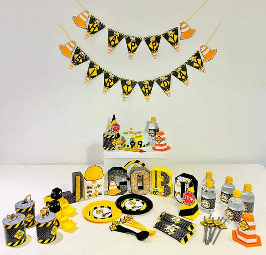 Construction Birthday Party Kit – 3D Letters, Happy Birthday Banner, Favor Boxes, Plates, Water Labels & Candy Wrappers Set Mi tienda