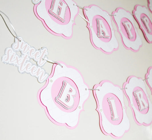 Sweet 16 Birthday Banner Pink Happy Birthday Sign, Sweet Sixteen Party Decorations, Quinceanera Backdrop, Girl Birthday Garland Mi tienda