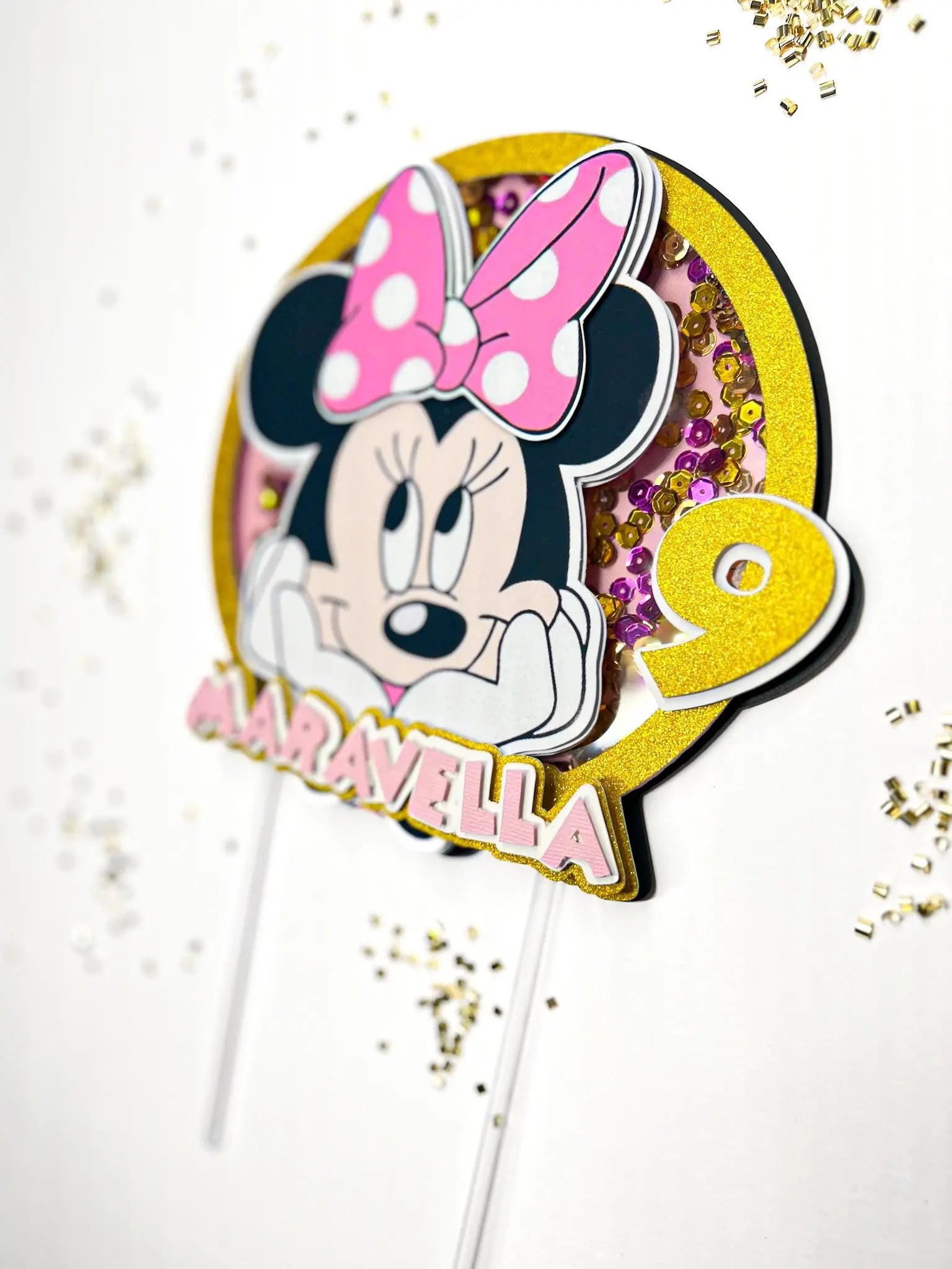 Minnie Mouse Cake Shaker Topper | Custom Name & Age | Pink, Gold or Red | Personalized Birthday Party Decor | Minnie Mouse Theme Mi tienda