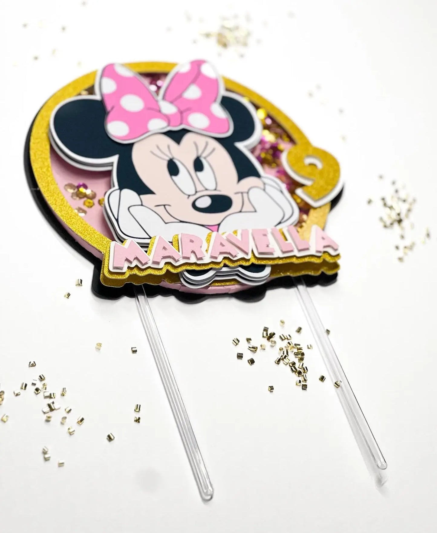 Minnie Mouse Cake Shaker Topper | Custom Name & Age | Pink, Gold or Red | Personalized Birthday Party Decor | Minnie Mouse Theme Mi tienda