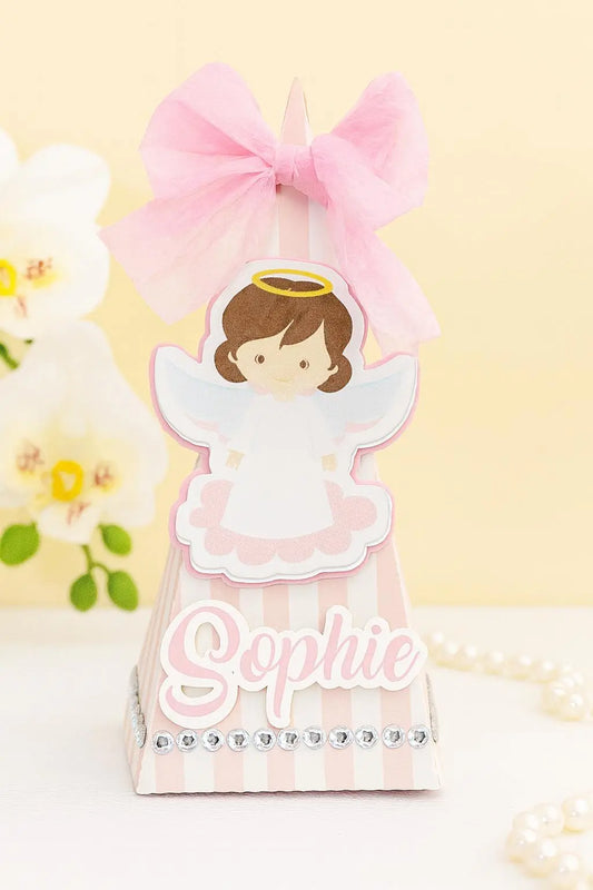 Personalized Angel Favor Box: Rhinestone & Pink Bow - Baptism, Christening Mi tienda