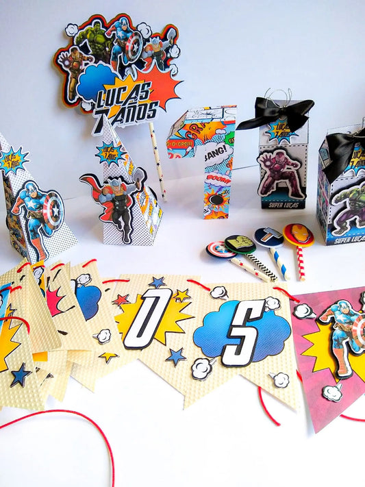 Handmade Superhero Party Package, Comic Book Style Cake Topper, 3D Numbers, Candy Boxes, Milk Box Shaker, Cupcake Toppers, Birthday Banner Mi tienda