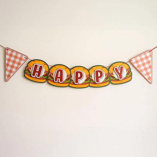 Burger Birthday Banner, Fast Food Party Decoration, Happy Birthday Sign, Personalized Burger Theme Banner, Picnic BBQ Party Decor Mi tienda