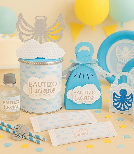 Personalized Angel Baptism Party Set | Custom Christening Decor with Plates, Favor Boxes, Pringles, Water Labels & More Mi tienda