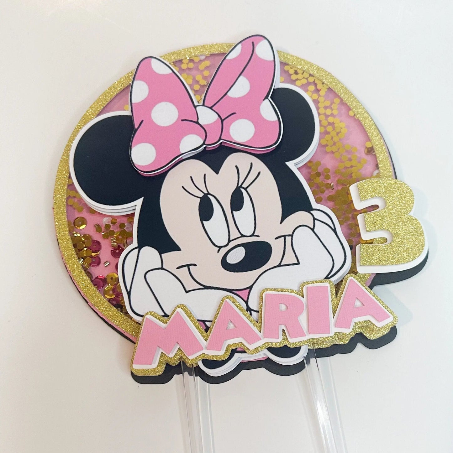Minnie Mouse Cake Shaker Topper | Custom Name & Age | Pink, Gold or Red | Personalized Birthday Party Decor | Minnie Mouse Theme Mi tienda
