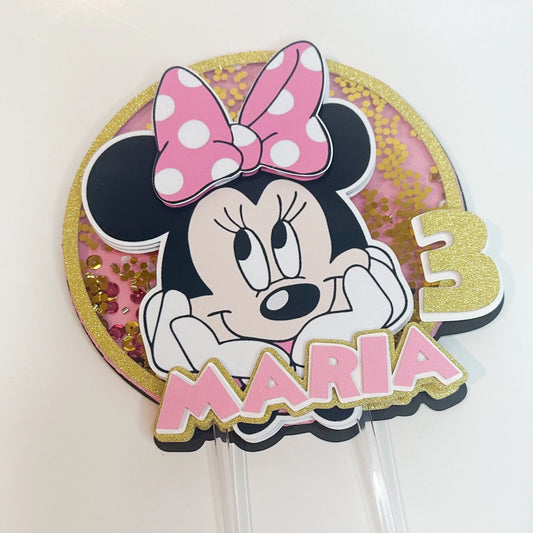 Minnie Mouse Cake Shaker Topper | Custom Name & Age | Pink, Gold or Red | Personalized Birthday Party Decor | Minnie Mouse Theme Mi tienda