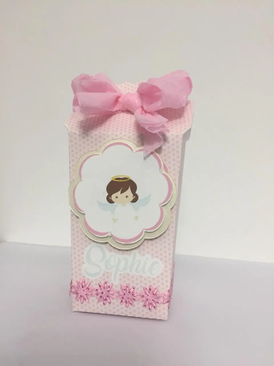 Personalized Angel Favor Box: Pink Baptism Treat, First Communion Candy Box Mi tienda