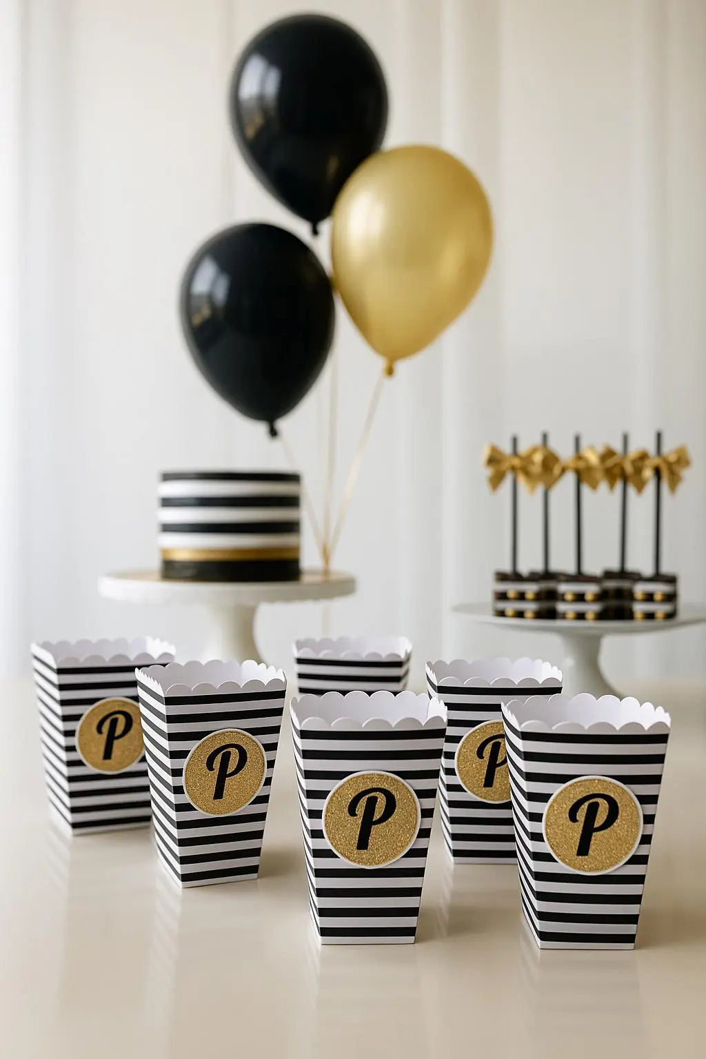 Personalized Black & Gold Popcorn Boxes: Elegant Party Favors Mi tienda
