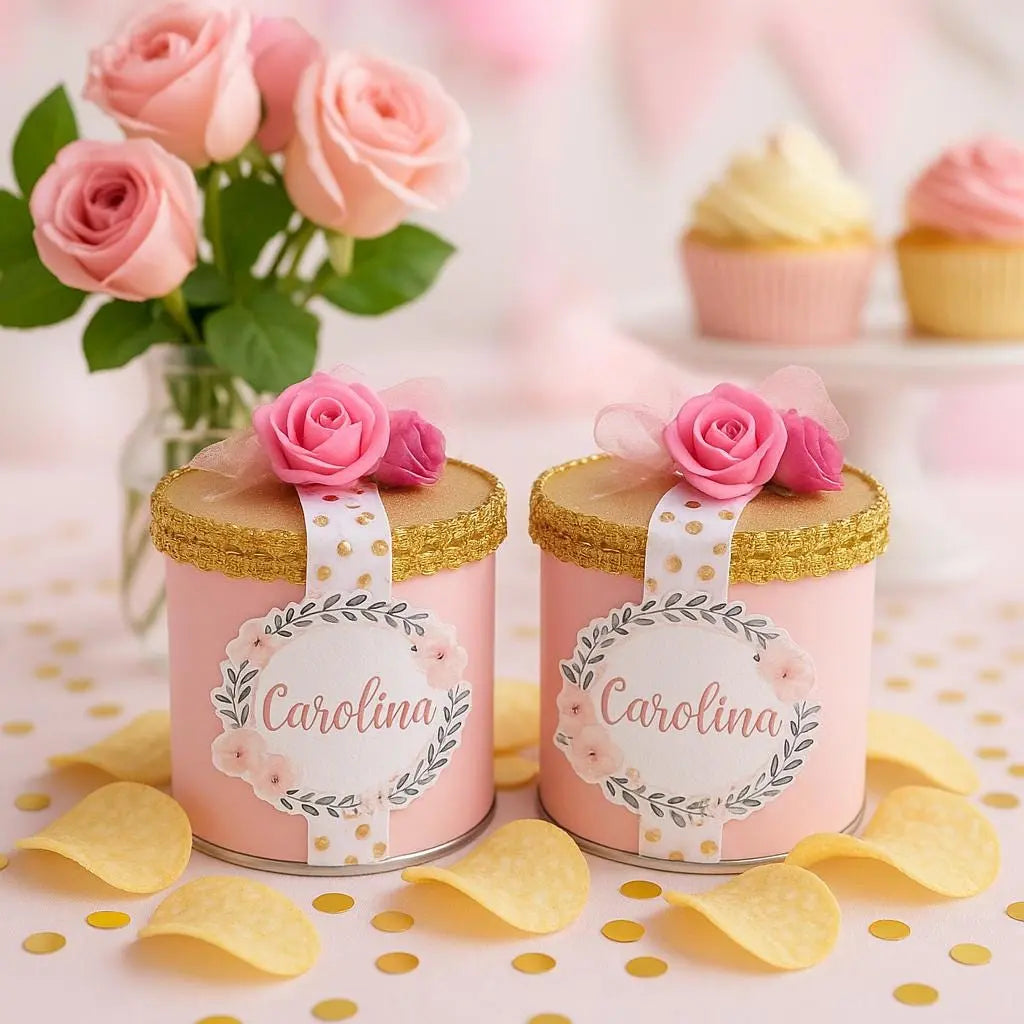 Pink Floral Pringles Favor Boxes: Personalized Mini Chip Can Favors with Gold Trim for Birthday, Bridal Shower, Baby Shower Mi tienda