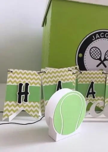 Tennis Party Bundle - Personalized Banner, Cake Topper, Favor Boxes, 3D Numbers & Water Labels Mi tienda