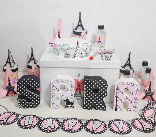 Paris Party Bundle – Eiffel Tower Birthday Decor Set – 3D Name Letters, Banner, Favor Boxes, Pringles, Water Labels & Straws Mi tienda