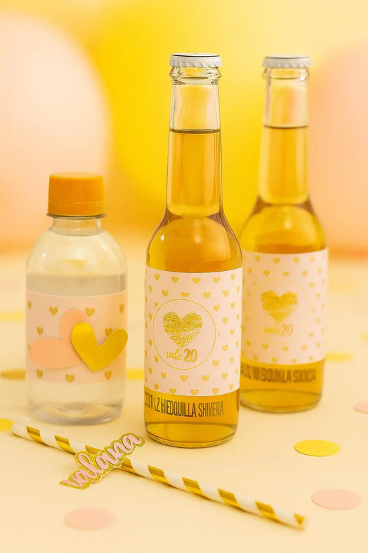 Pink Gold Heart Bottle Labels with Straws: Custom Party Drink Décor Mi tienda