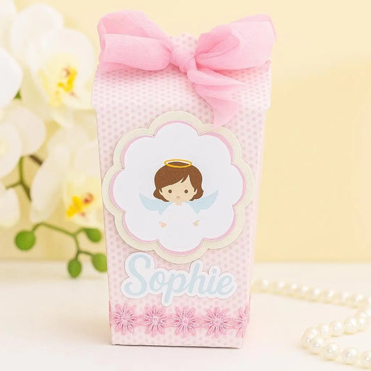 Personalized Angel Favor Box: Pink Baptism Treat, First Communion Candy Box Mi tienda