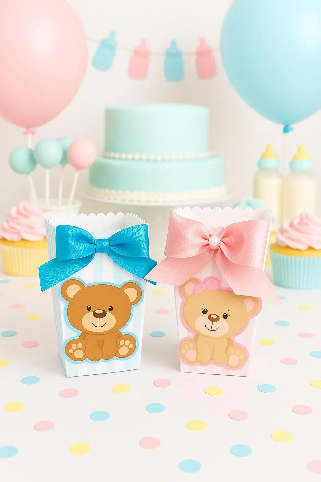 Teddy Bear Favor Box with Satin Bow – Pink and Blue Treat Box for Baby Shower Mi tienda