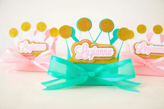 Gold Glitter Princess Crown Favor Box: Personalized Birthday Party Decoration Mi tienda