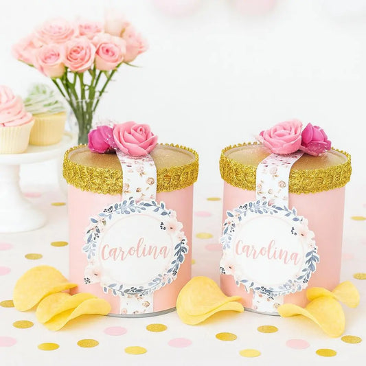 Pink Floral Pringles Favor Boxes: Personalized Mini Chip Can Favors with Gold Trim for Birthday, Bridal Shower, Baby Shower Mi tienda
