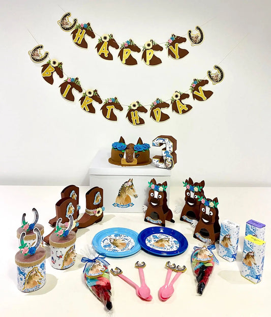 Horse Birthday Party Bundle – Personalized 3D Letter, Banner, Pringles, Favor Boxes, Juice Labels & Plates with Spoons Mi tienda