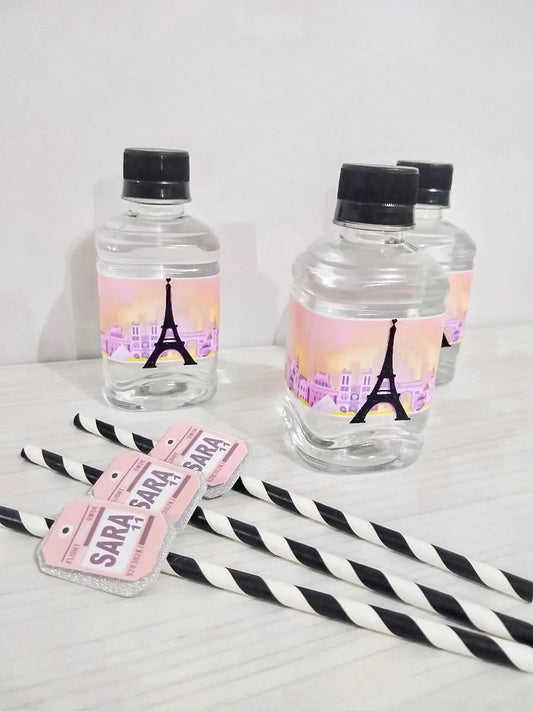 Paris Water Bottle Labels & Straws – Eiffel Tower Drink Decor – Set of 6 Pink and Black Wraps Mi tienda