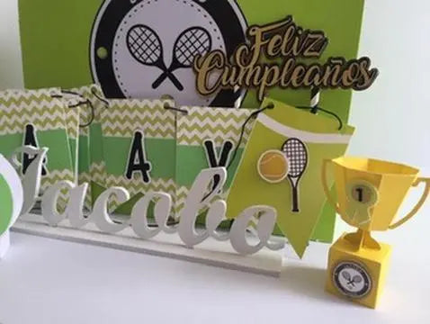Tennis Party Bundle - Personalized Banner, Cake Topper, Favor Boxes, 3D Numbers & Water Labels Mi tienda