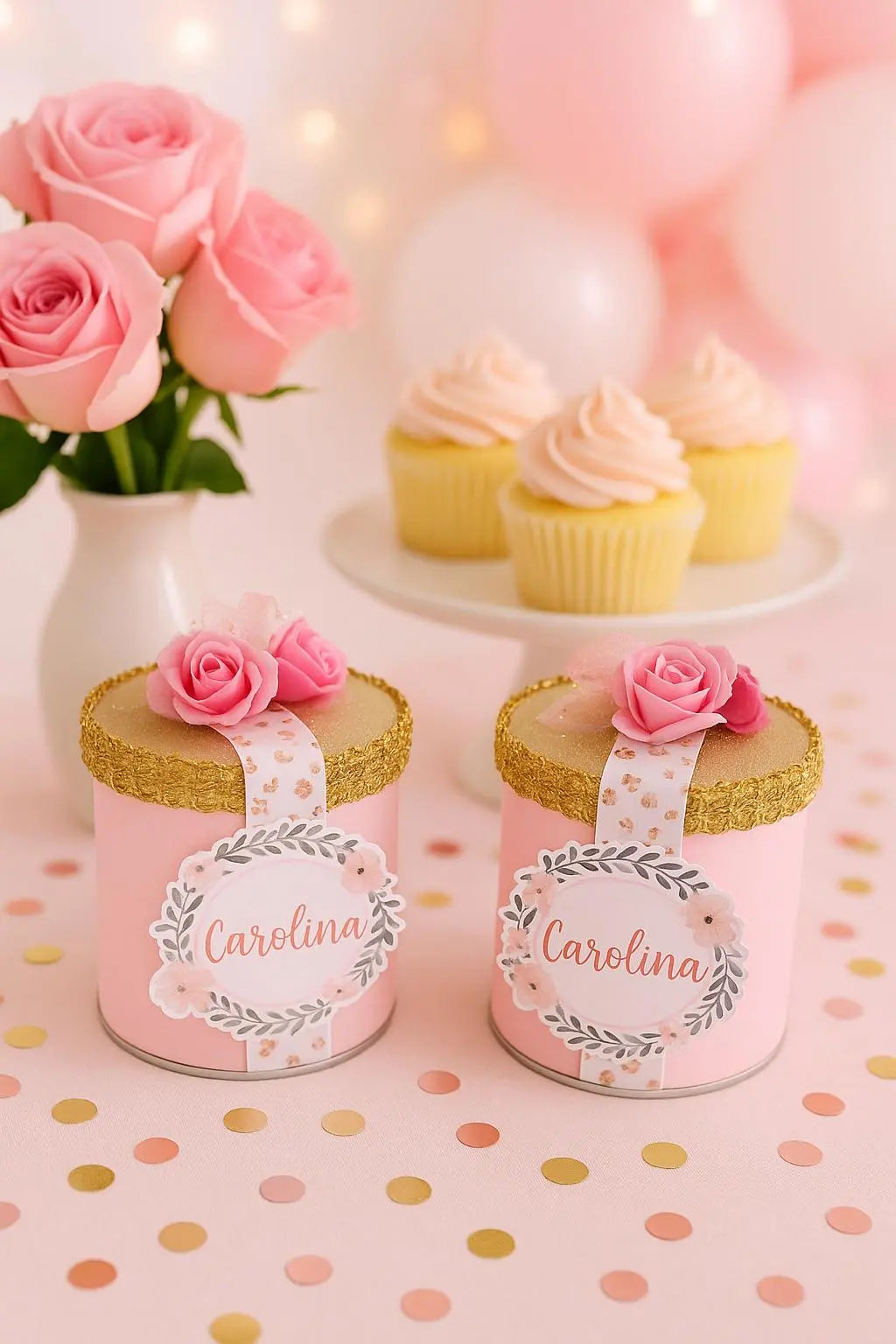 Pink Floral Pringles Favor Boxes: Personalized Mini Chip Can Favors with Gold Trim for Birthday, Bridal Shower, Baby Shower Mi tienda