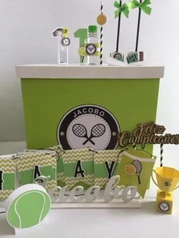 Tennis Party Bundle - Personalized Banner, Cake Topper, Favor Boxes, 3D Numbers & Water Labels Mi tienda