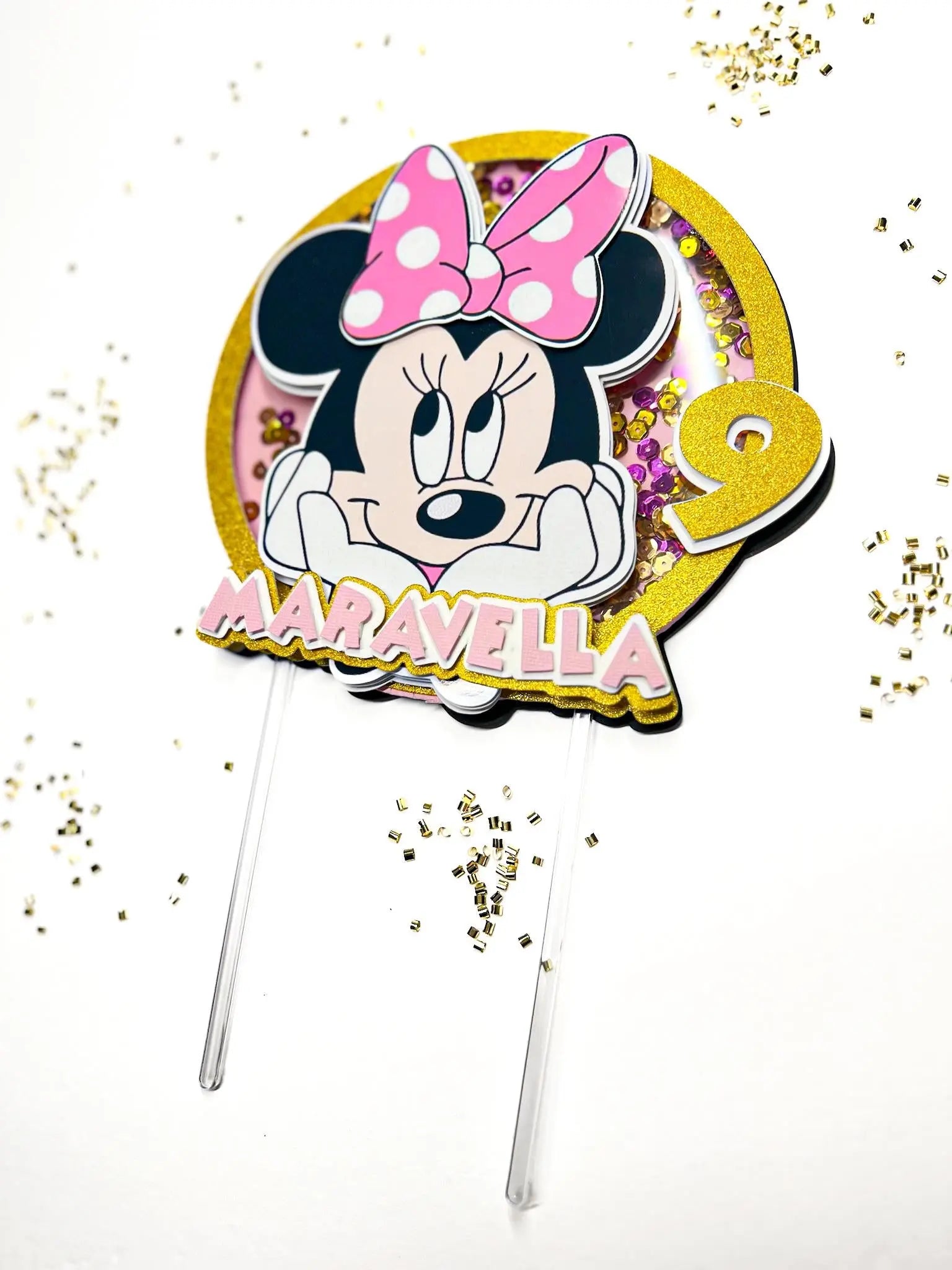 Minnie Mouse Cake Shaker Topper | Custom Name & Age | Pink, Gold or Red | Personalized Birthday Party Decor | Minnie Mouse Theme Mi tienda