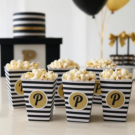 Personalized Black & Gold Popcorn Boxes: Elegant Party Favors Mi tienda