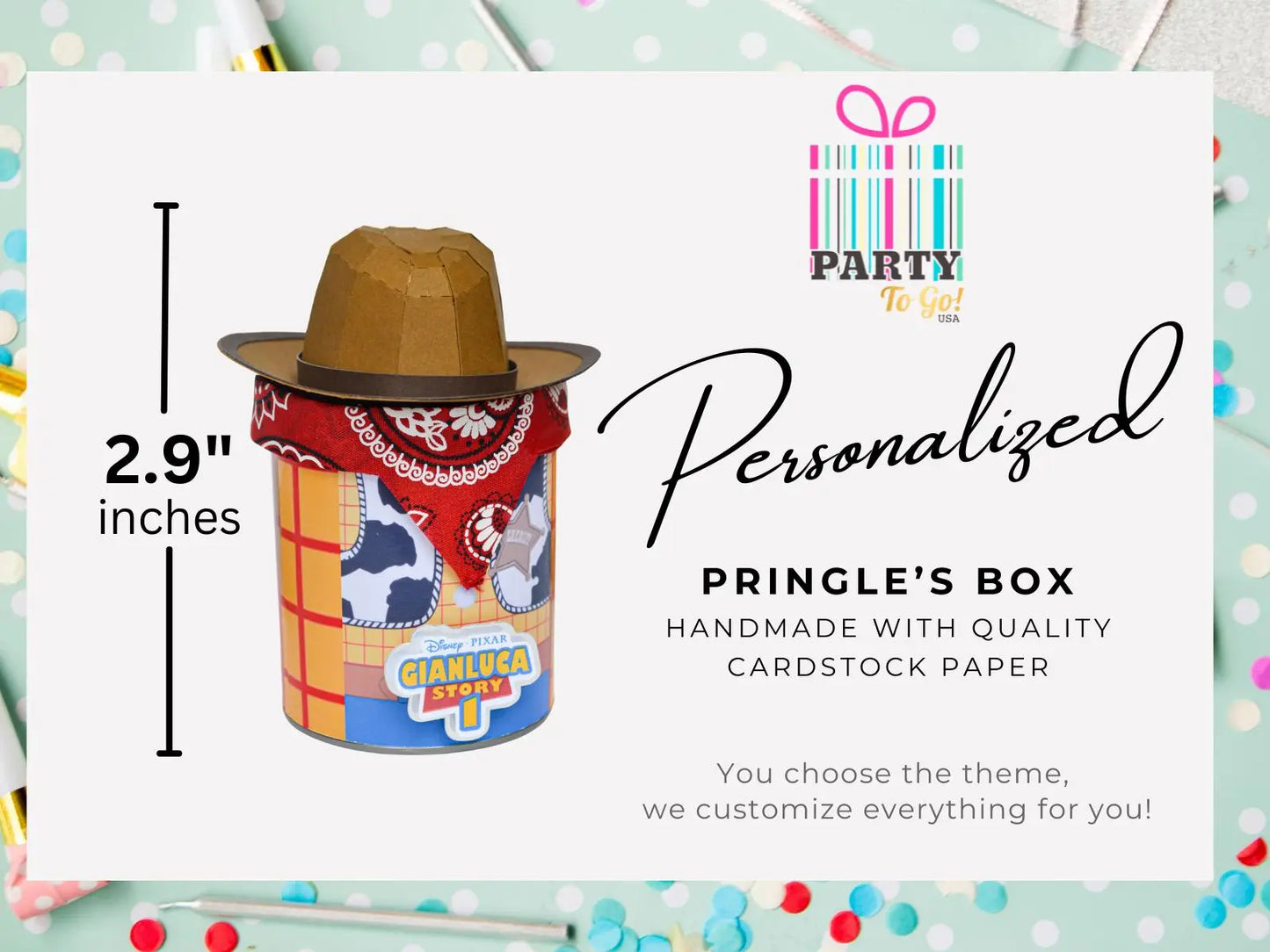 Woody Pringles Favor Can – Cowboy Party Snack Can with Hat & Bandana – Custom Toy Story Birthday Favors – Western Party Supplies Mi tienda