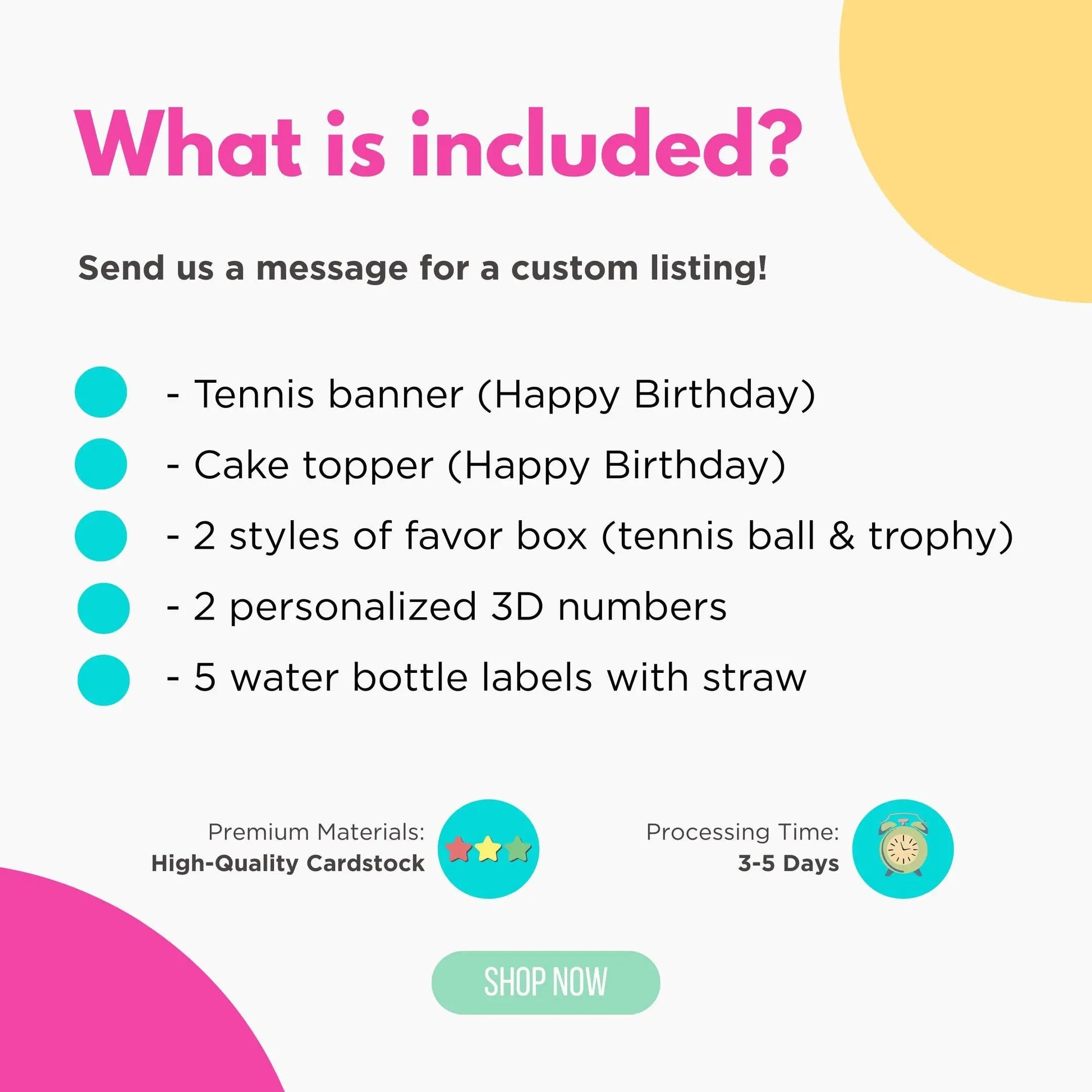 Tennis Party Bundle - Personalized Banner, Cake Topper, Favor Boxes, 3D Numbers & Water Labels Mi tienda