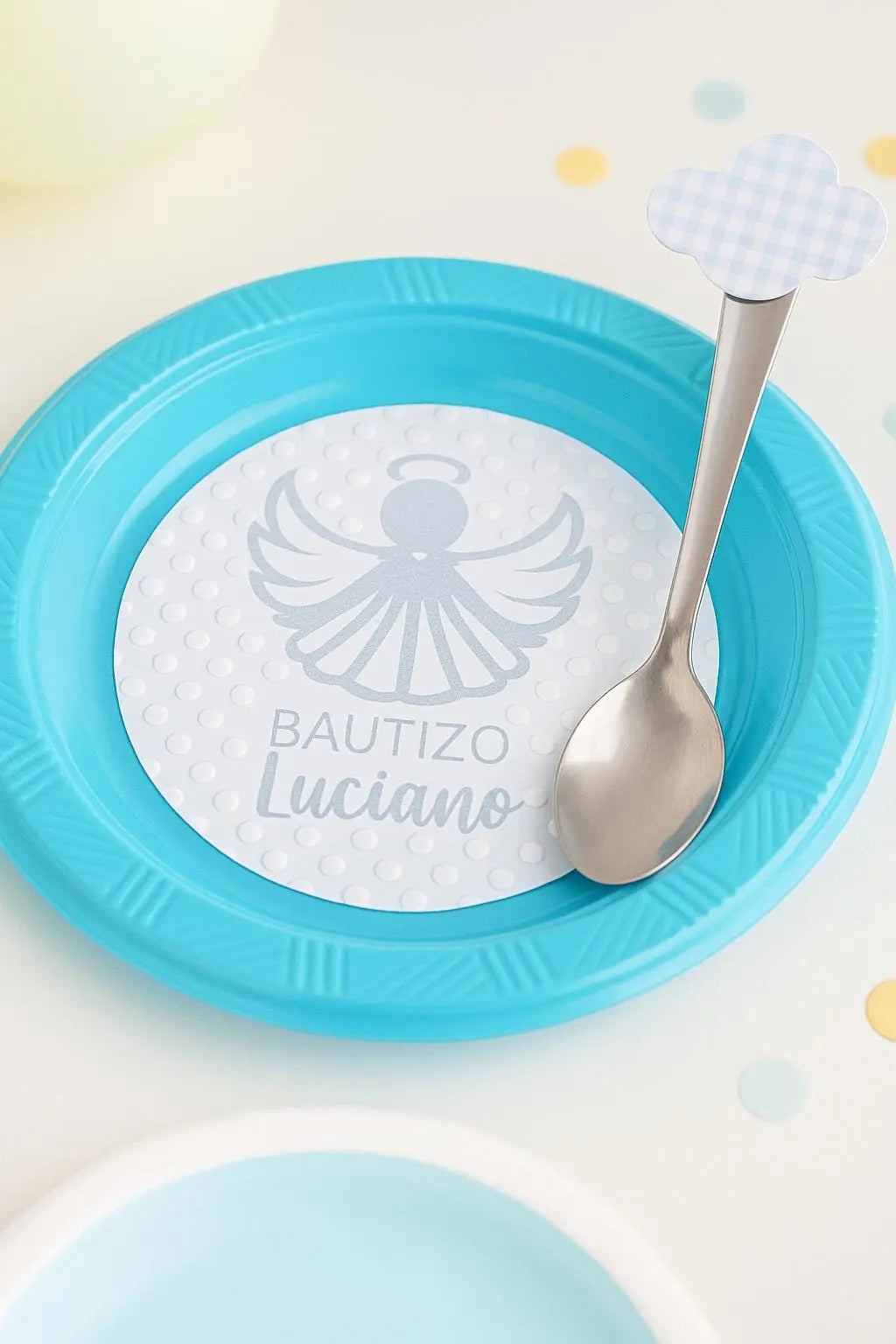 Personalized Angel Baptism Plates with Cloud Spoons: Christening Party Tableware Mi tienda