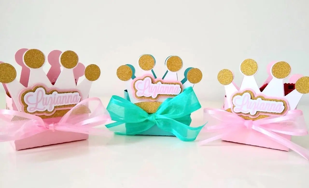 Gold Glitter Princess Crown Favor Box: Personalized Birthday Party Decoration Mi tienda