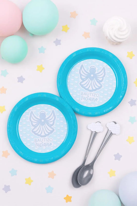 Personalized Angel Baptism Plates with Cloud Spoons: Christening Party Tableware Mi tienda
