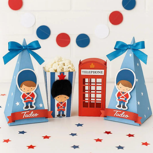London Party Favor Boxes Set | British Guard Popcorn Box, Pyramid Boxes & Red Telephone Booth | Baby Shower Birthday Decorations Mi tienda