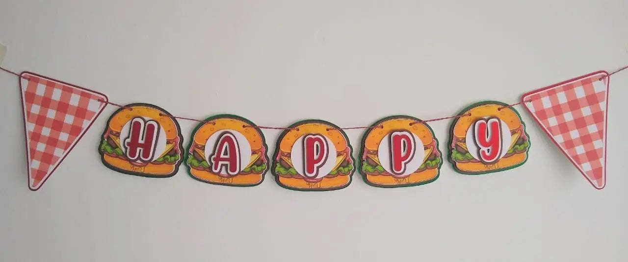 Burger Birthday Banner, Fast Food Party Decoration, Happy Birthday Sign, Personalized Burger Theme Banner, Picnic BBQ Party Decor Mi tienda