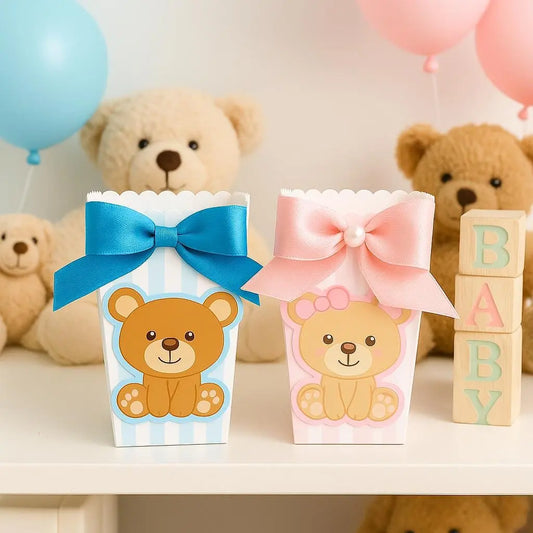 Teddy Bear Favor Box with Satin Bow – Pink and Blue Treat Box for Baby Shower Mi tienda