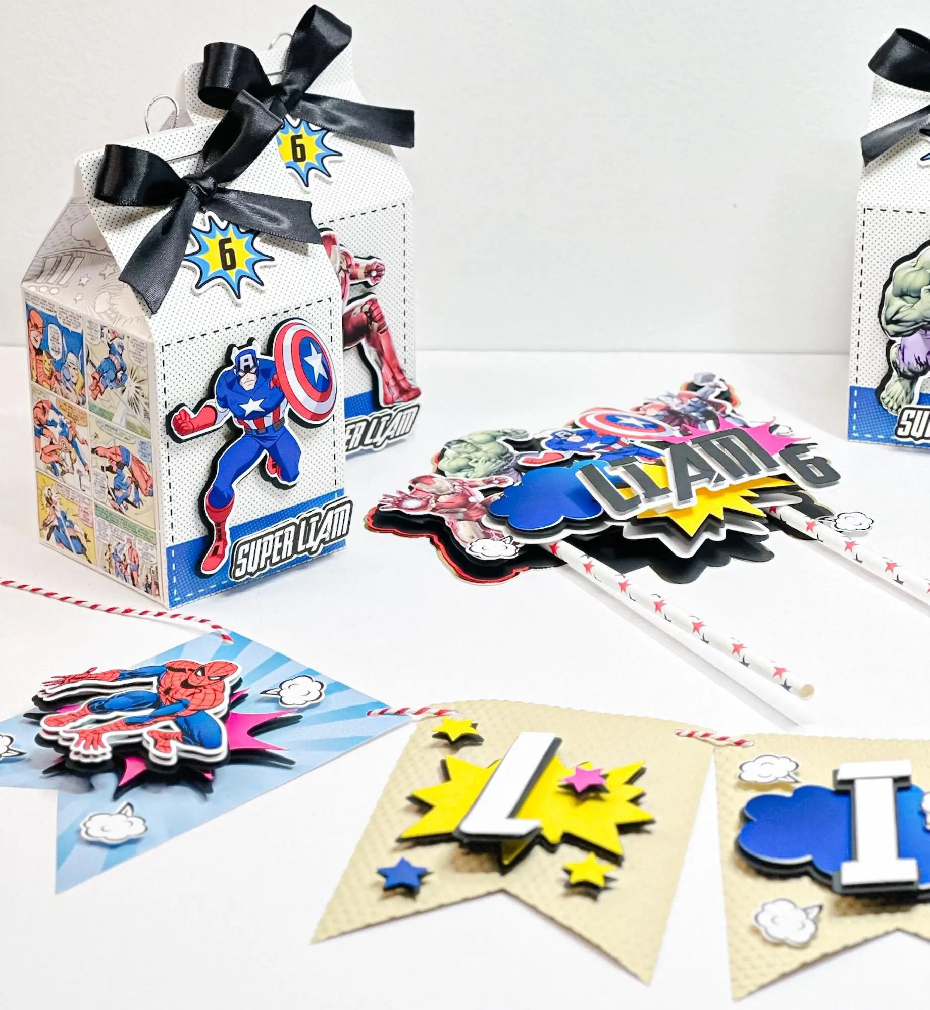 Superhero Party Decoration Bundle – Comic Style Birthday Kit with Banner, Cake Topper, Favor Boxes, Cupcake Toppers, 3D Number Mi tienda