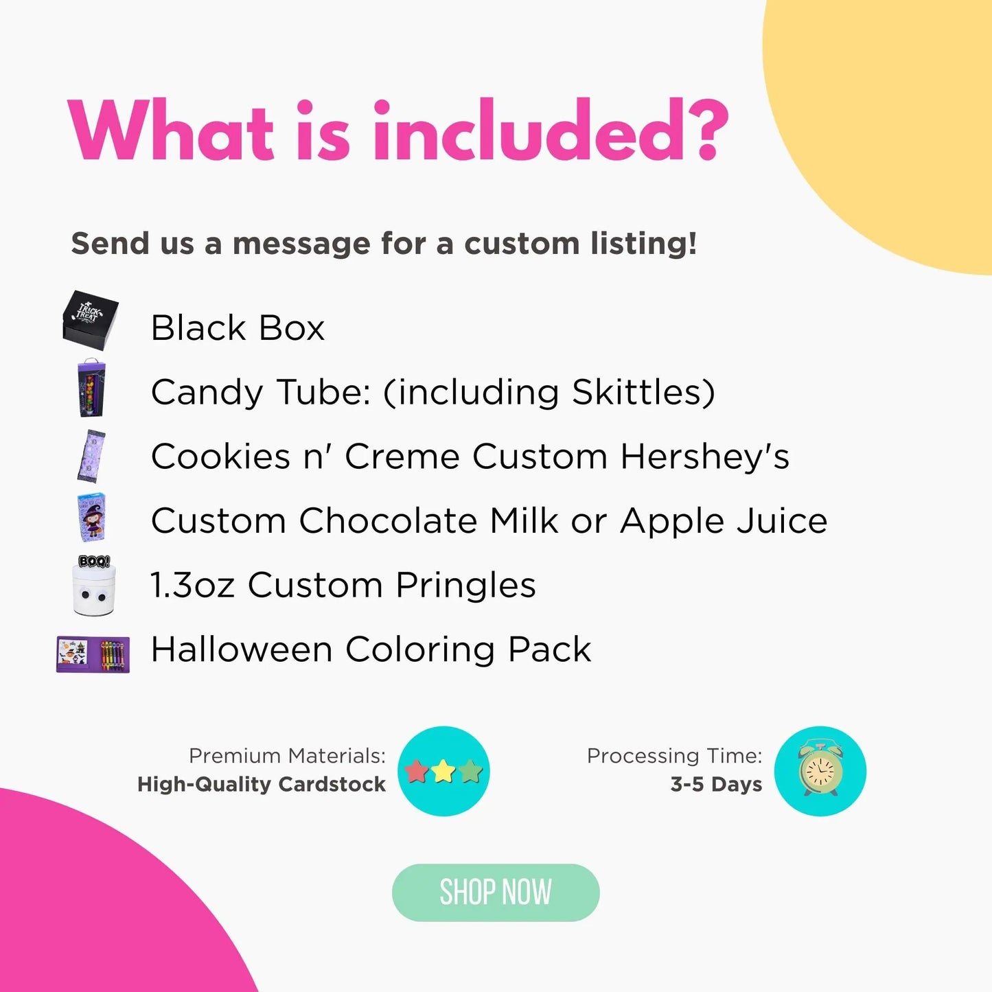 Halloween Treat & Craft Box – Kids Party Favor Set with Skittle, Hershey’s Bar, Pringles and Drink Mi tienda