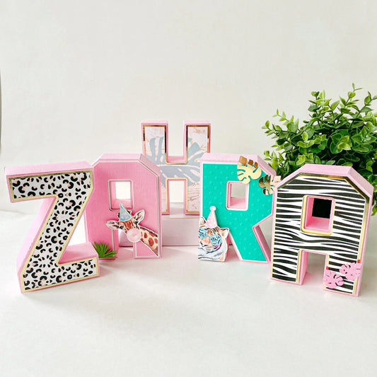 Safari Birthday Name Letters: 6" Pink Jungle 3D Centerpiece, Personalized Girl Party Decor Mi tienda