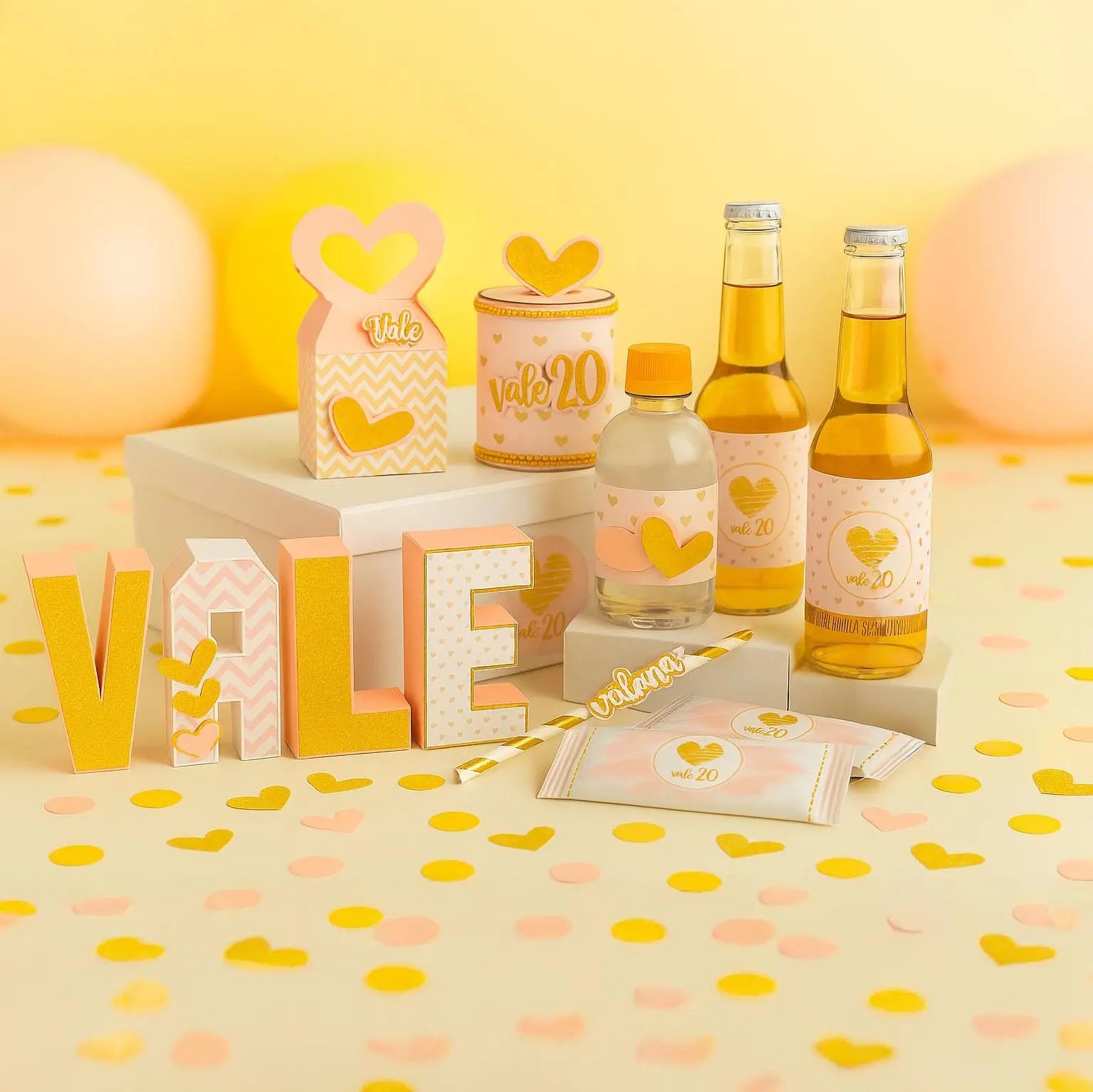 Personalized Heart Party Set | Custom Pink & Gold Favor Boxes, Candy Wrappers, Bottle Labels, Plates and Decor for Birthday or Baby Shower Mi tienda