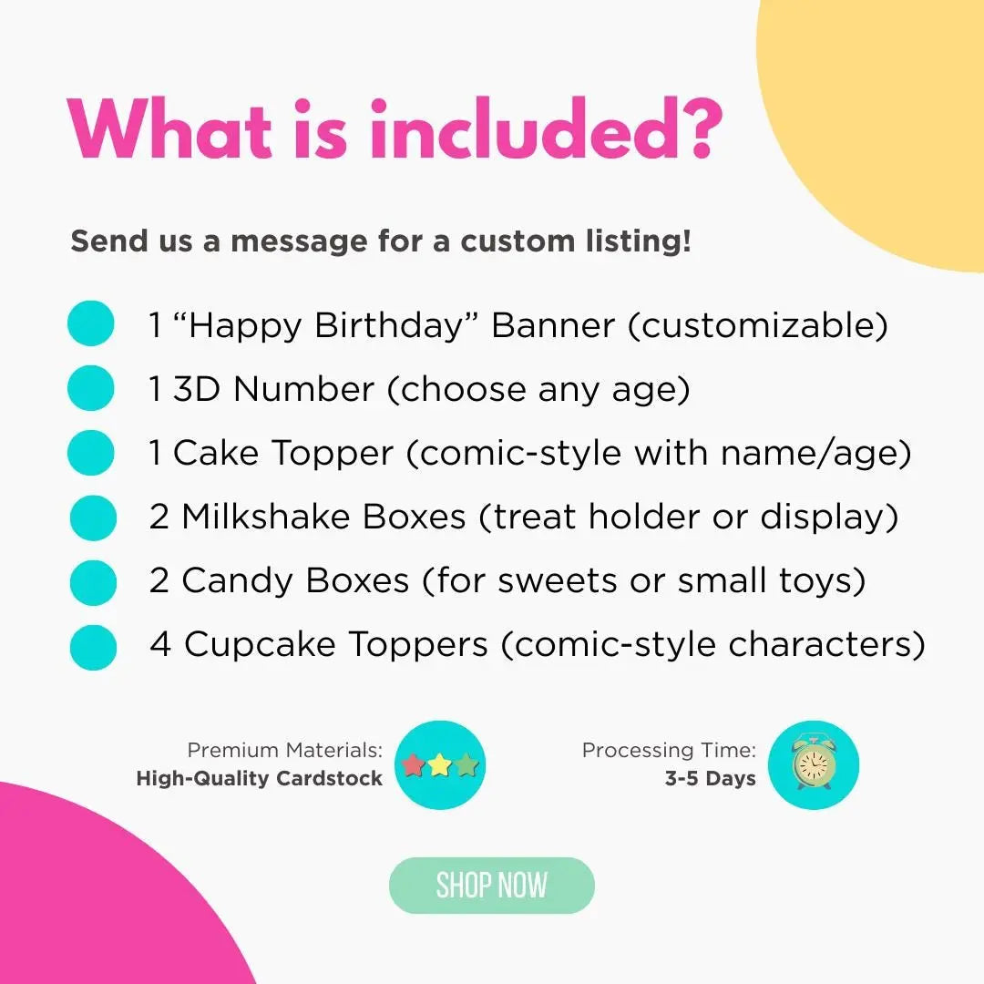 Superhero Party Decoration Bundle – Comic Style Birthday Kit with Banner, Cake Topper, Favor Boxes, Cupcake Toppers, 3D Number Mi tienda