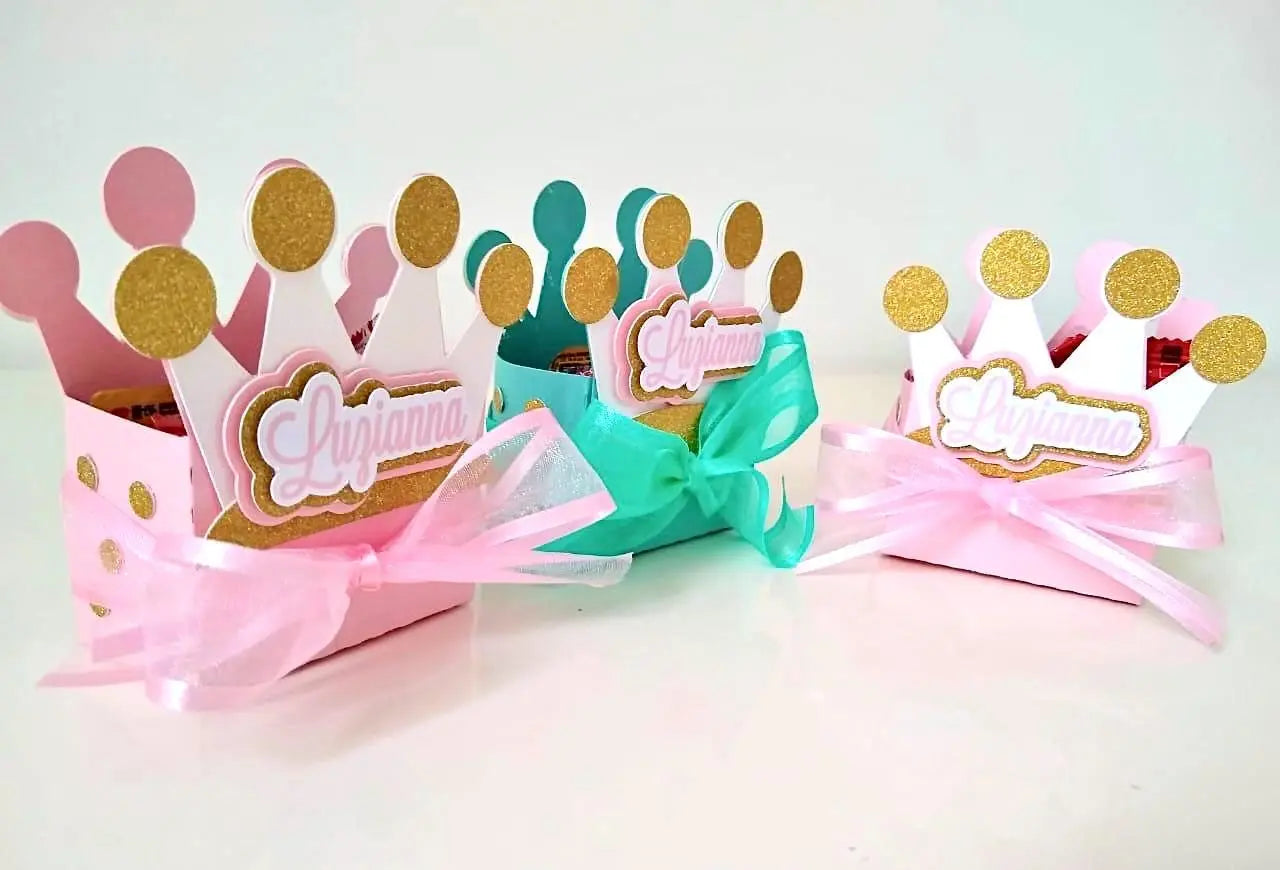 Gold Glitter Princess Crown Favor Box: Personalized Birthday Party Decoration Mi tienda