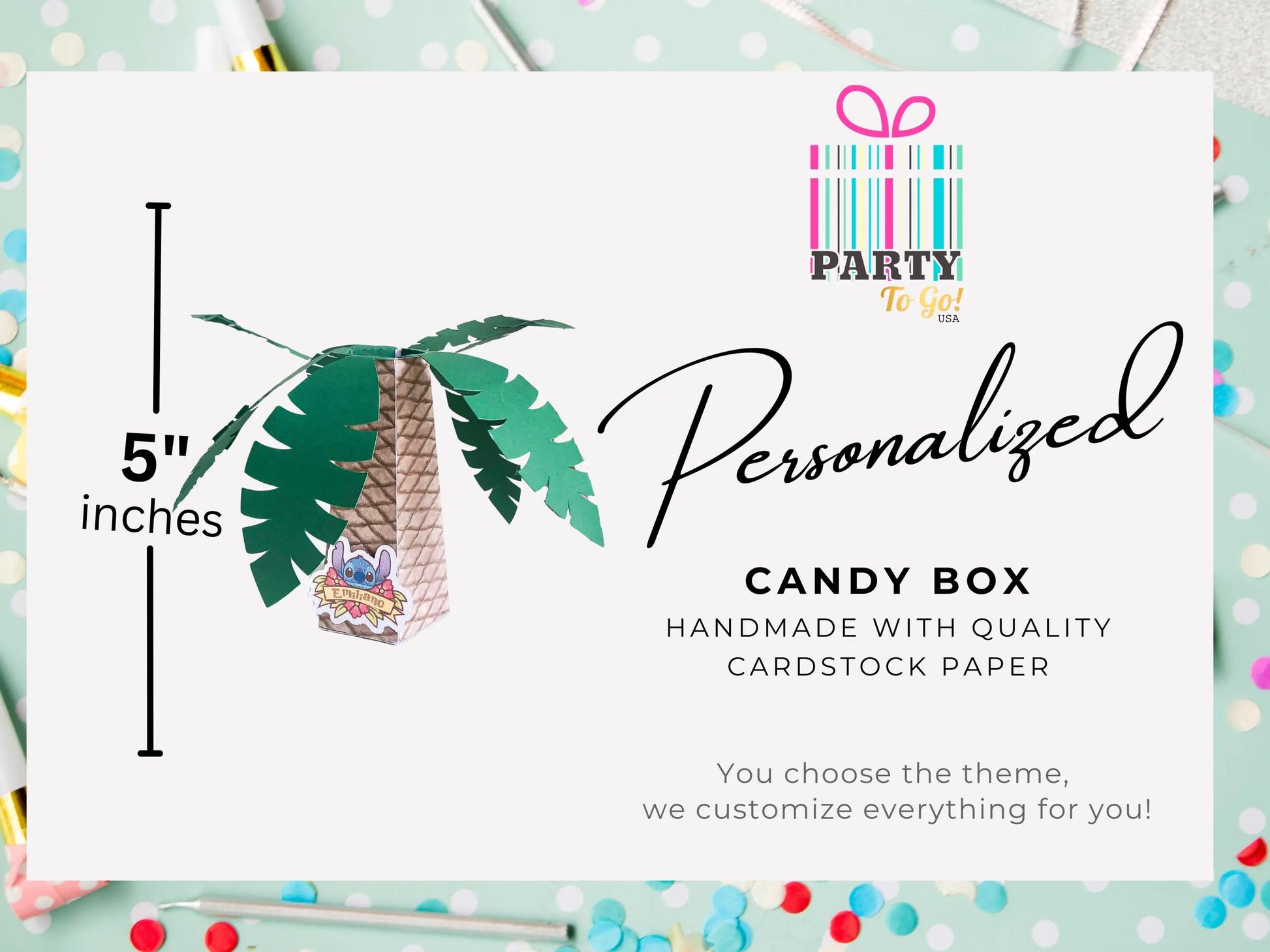 Stitch Palm Tree Favor Box – Personalized Party Box with Child's Name – Custom Birthday Favor for Kids – Stitch Party Supplies Mi tienda