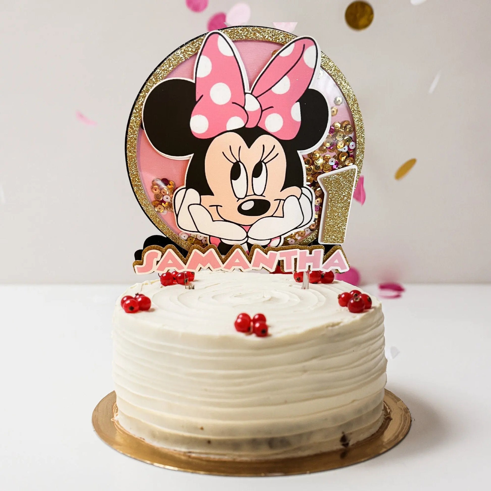 Minnie Mouse Cake Shaker Topper | Custom Name & Age | Pink, Gold or Red | Personalized Birthday Party Decor | Minnie Mouse Theme Mi tienda