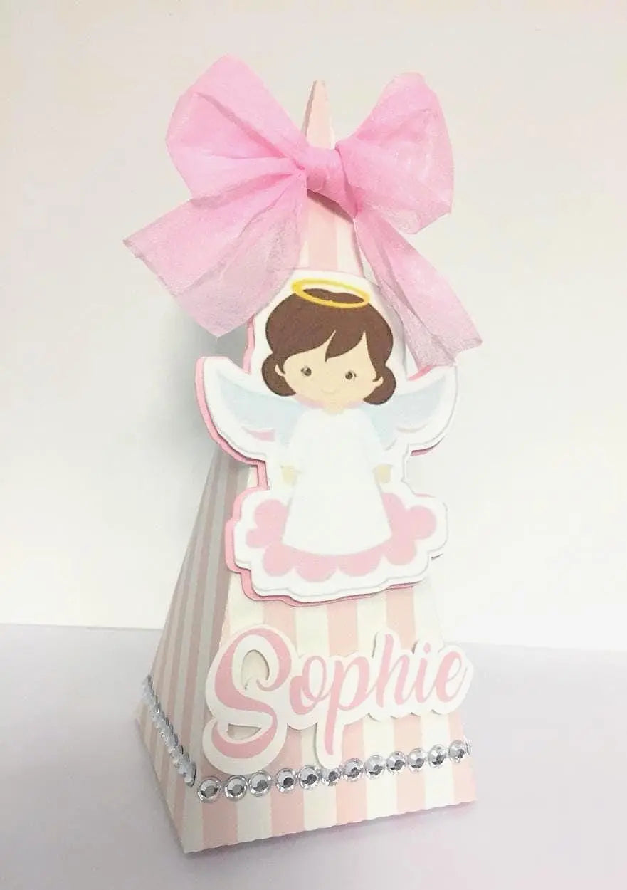 Personalized Angel Favor Box: Rhinestone & Pink Bow - Baptism, Christening Mi tienda