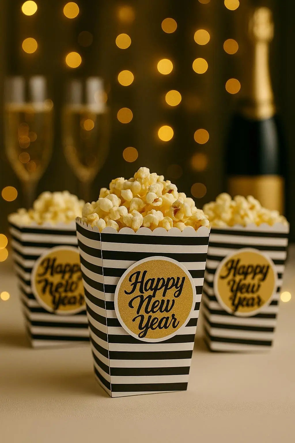 Personalized New Year's Eve Popcorn Favor Boxes: Black & Gold Party Decor Mi tienda