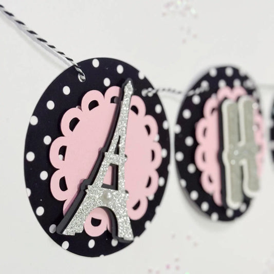 Sweet 16 Paris Birthday Banner – Eiffel Tower Party Backdrop – Elegant Pink & Black Garland Mi tienda