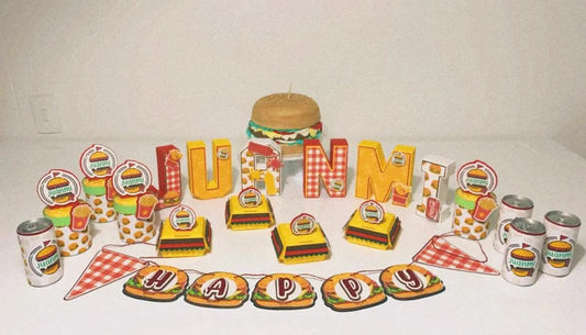 Fast Food Party Decorations, Burger Birthday Bundle with Custom Name Letters, Fries Favor Boxes, Happy Banner, Soda Wraps, Pringles Mi tienda