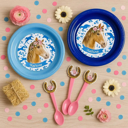 Personalized Horse Party Plates with Spoons – Cowgirl Birthday Tableware – Western Theme Party Supplies – Farm Ranch Birthday Decor Mi tienda