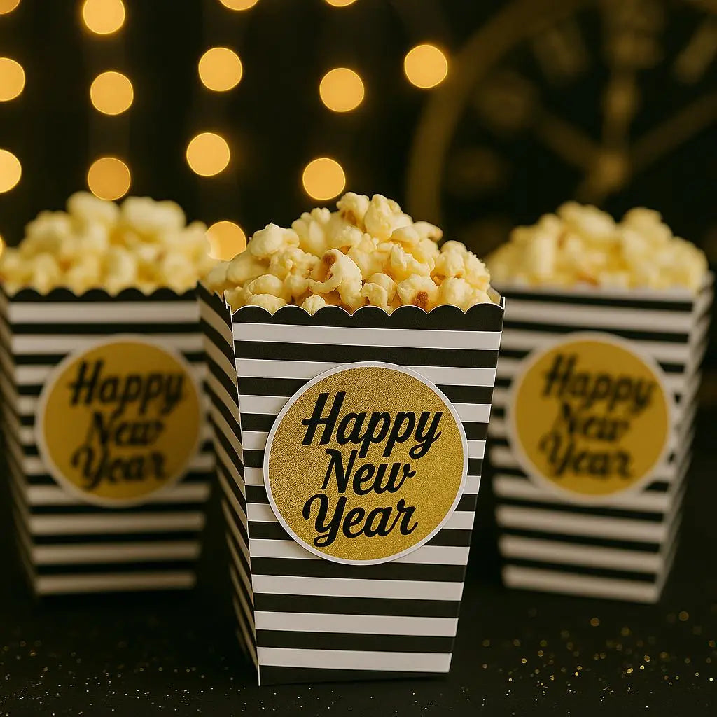 Personalized New Year's Eve Popcorn Favor Boxes: Black & Gold Party Decor Mi tienda